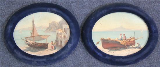 Domenico Ammirato (1833-1890) Beached boats on the Neapolitan coast, ovals, 5 x 6.5in.
